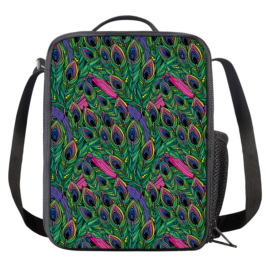 Boho Peacock Feather Pattern Print Crossbody Lunch Bag