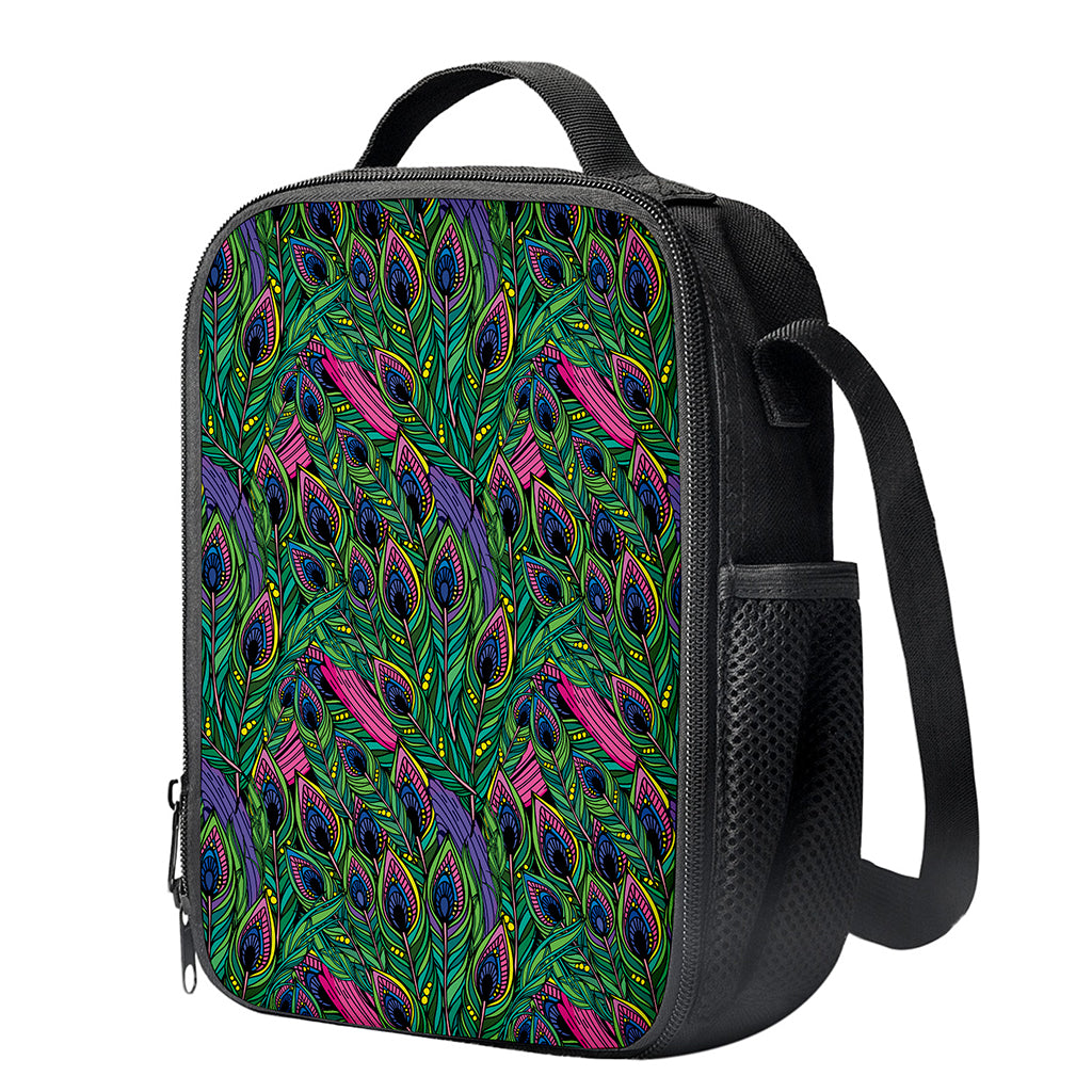 Boho Peacock Feather Pattern Print Crossbody Lunch Bag