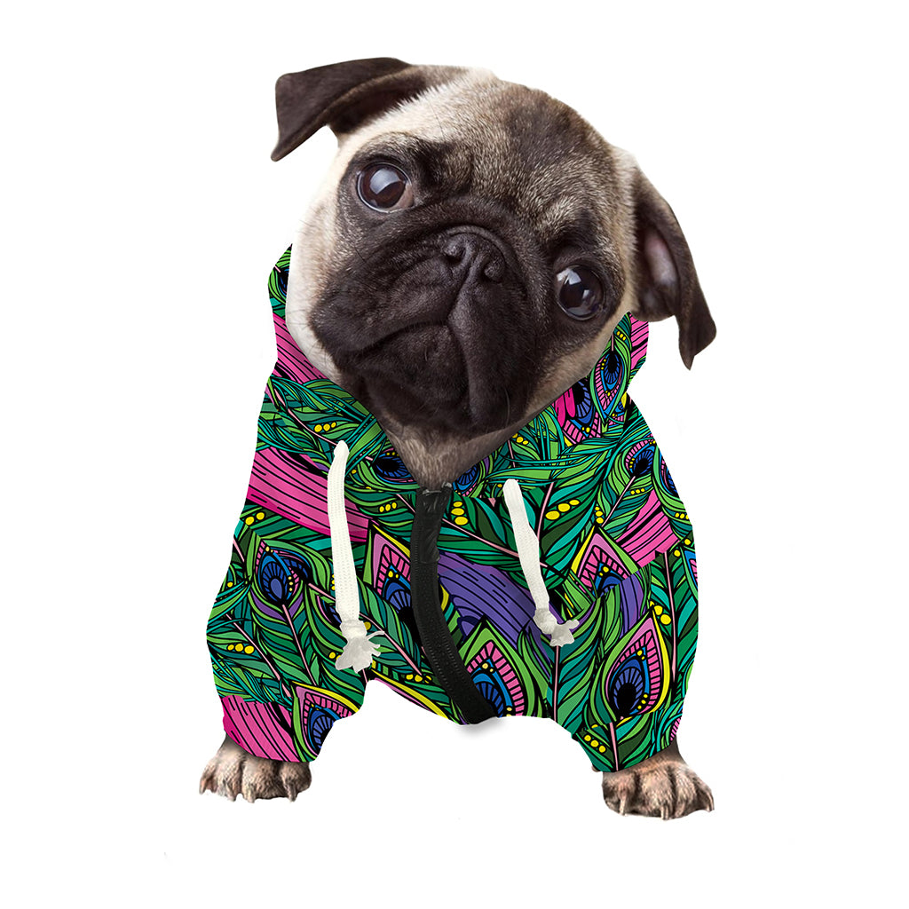 Boho Peacock Feather Pattern Print Dog Zip Up Hoodie
