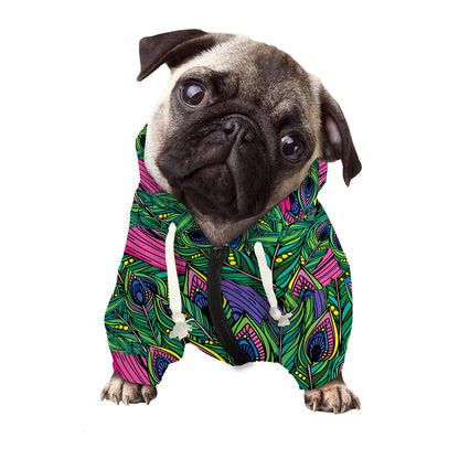 Boho Peacock Feather Pattern Print Dog Zip Up Hoodie