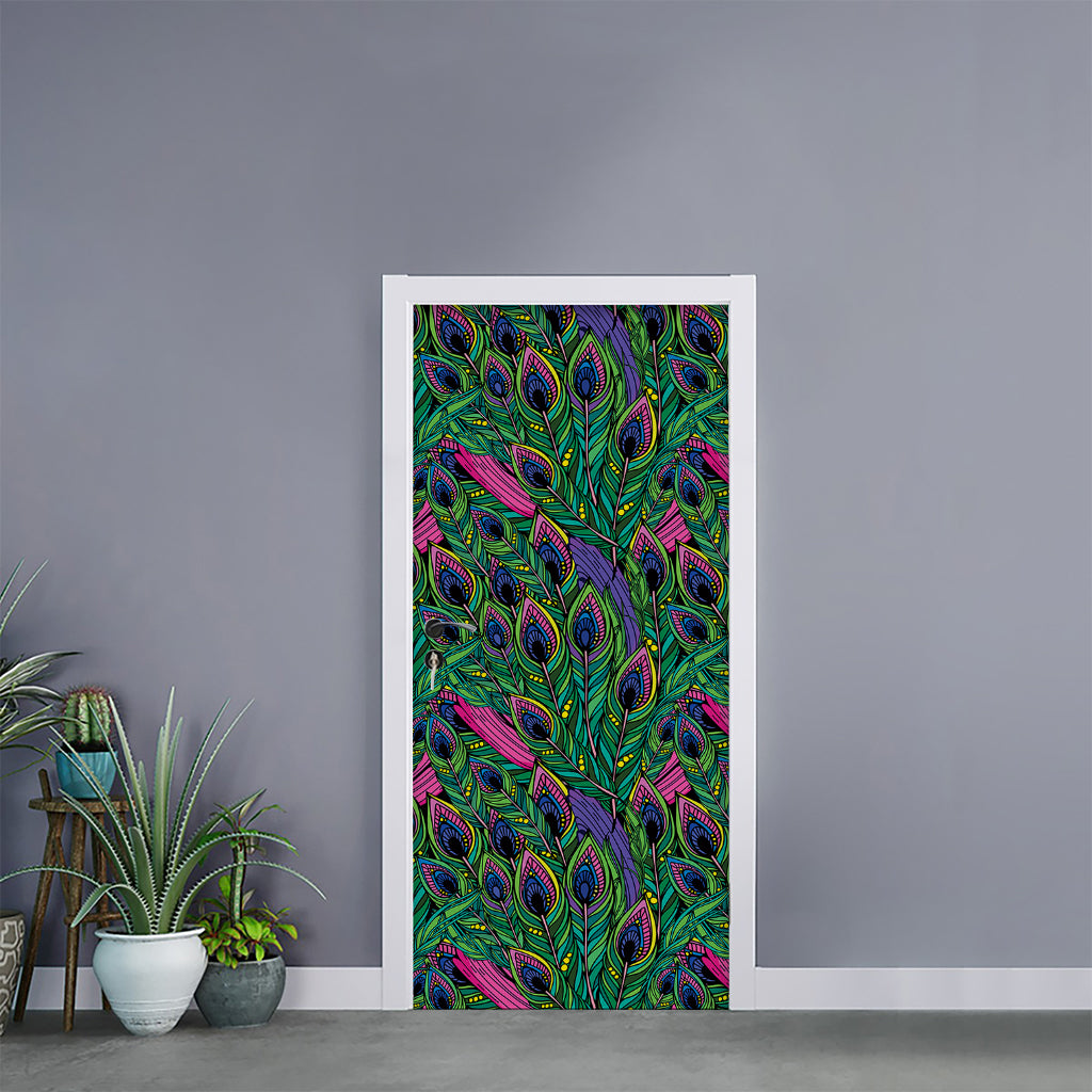 Boho Peacock Feather Pattern Print Door Sticker