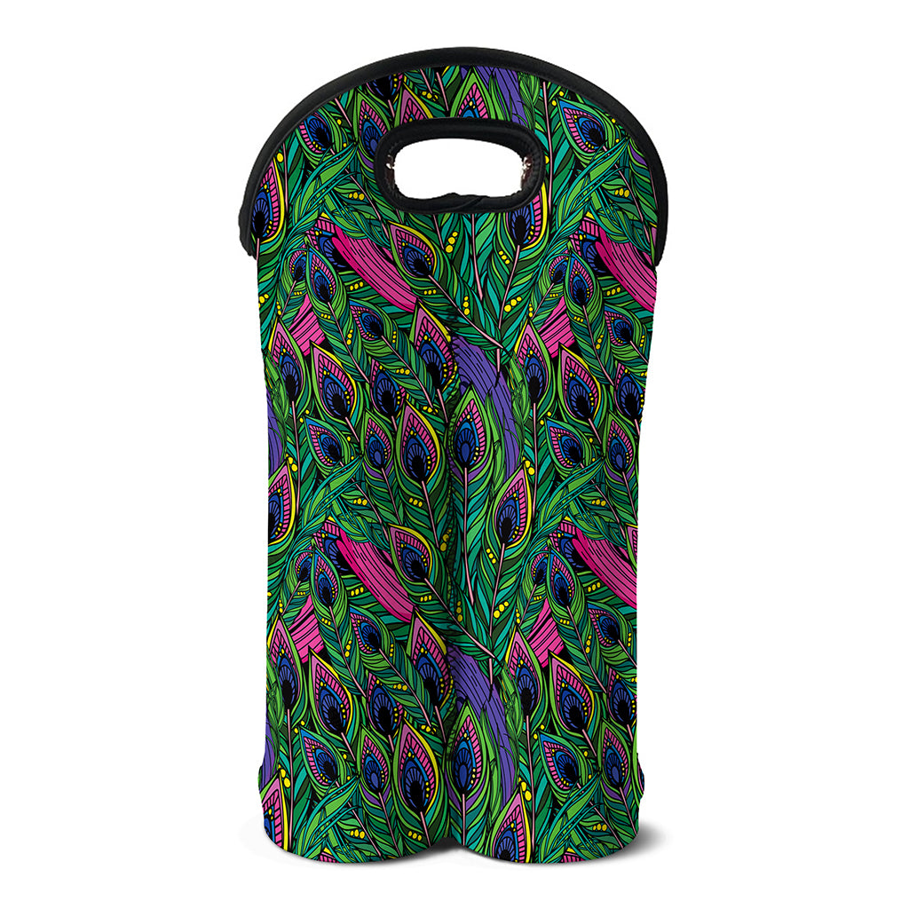 Boho Peacock Feather Pattern Print Double Neoprene Wine Tote