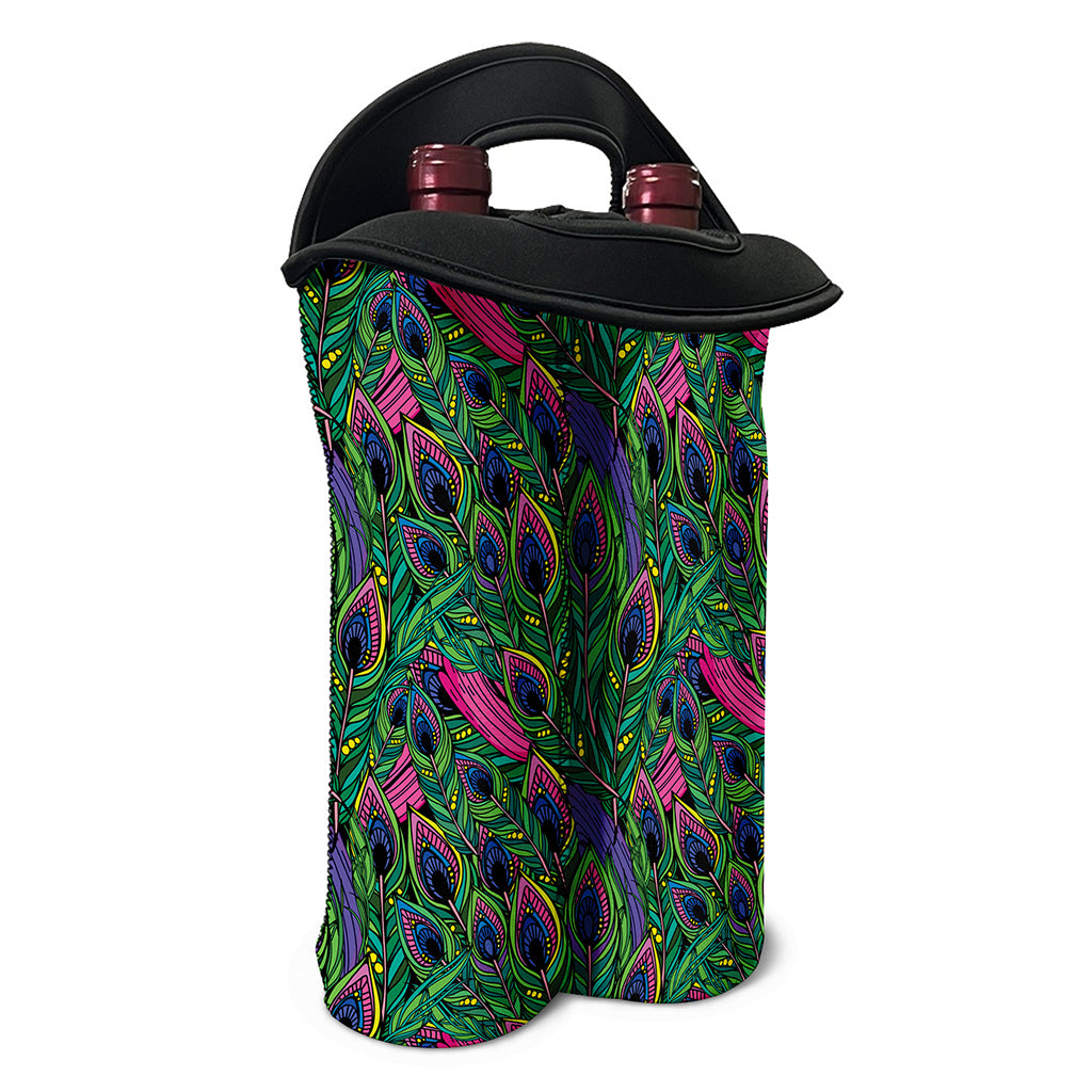 Boho Peacock Feather Pattern Print Double Neoprene Wine Tote