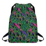 Boho Peacock Feather Pattern Print Drawstring Backpack
