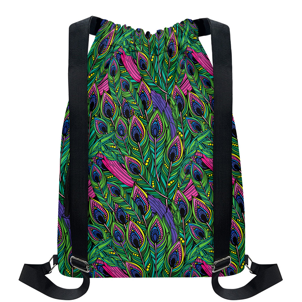 Boho Peacock Feather Pattern Print Drawstring Backpack