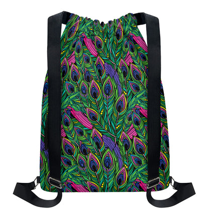 Boho Peacock Feather Pattern Print Drawstring Backpack