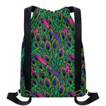 Boho Peacock Feather Pattern Print Drawstring Backpack