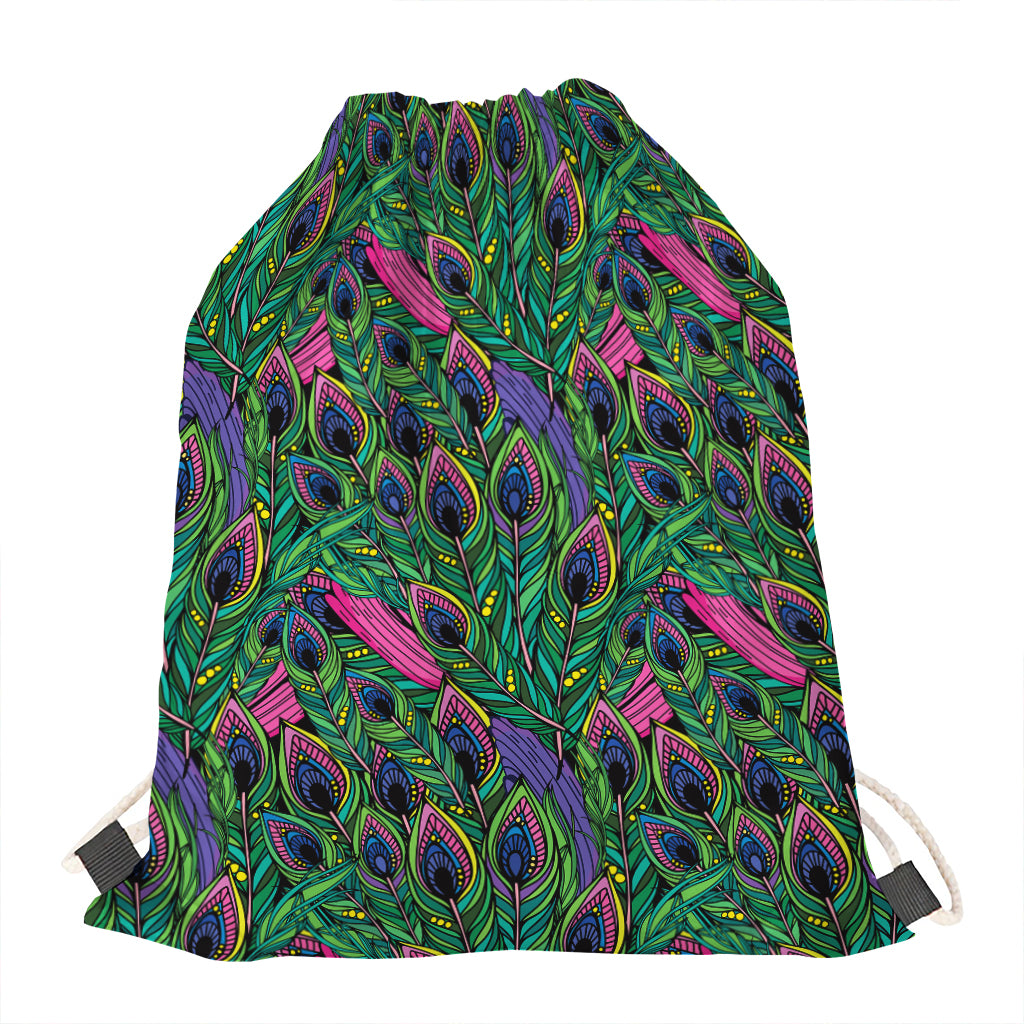 Boho Peacock Feather Pattern Print Drawstring Bag