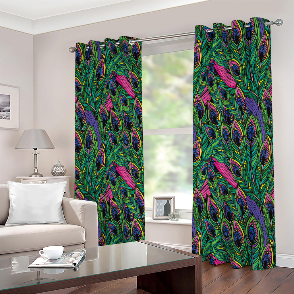 Boho Peacock Feather Pattern Print Extra Wide Grommet Curtains