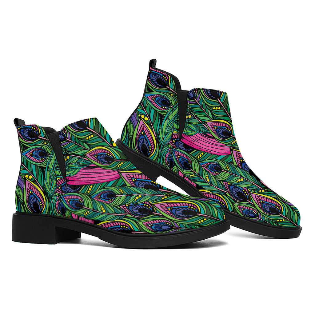 Boho Peacock Feather Pattern Print Flat Ankle Boots