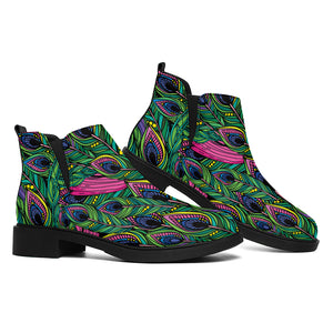 Boho Peacock Feather Pattern Print Flat Ankle Boots