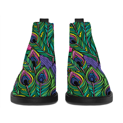 Boho Peacock Feather Pattern Print Flat Ankle Boots