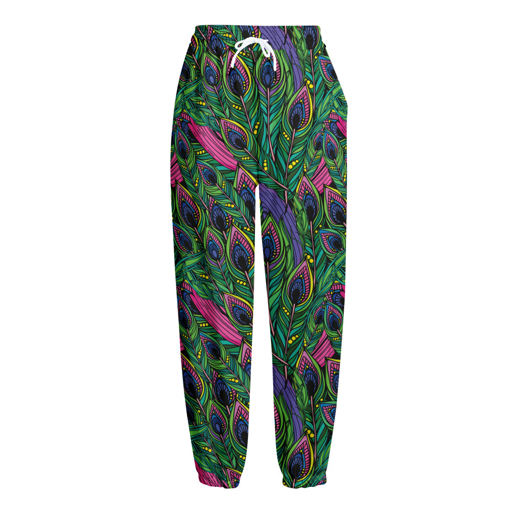 Boho Peacock Feather Pattern Print Fleece Lined Knit Pants