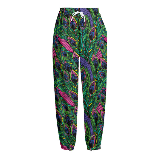 Boho Peacock Feather Pattern Print Fleece Lined Knit Pants