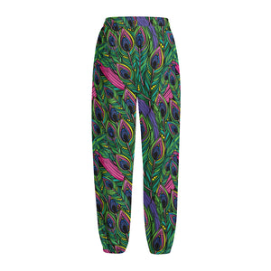 Boho Peacock Feather Pattern Print Fleece Lined Knit Pants