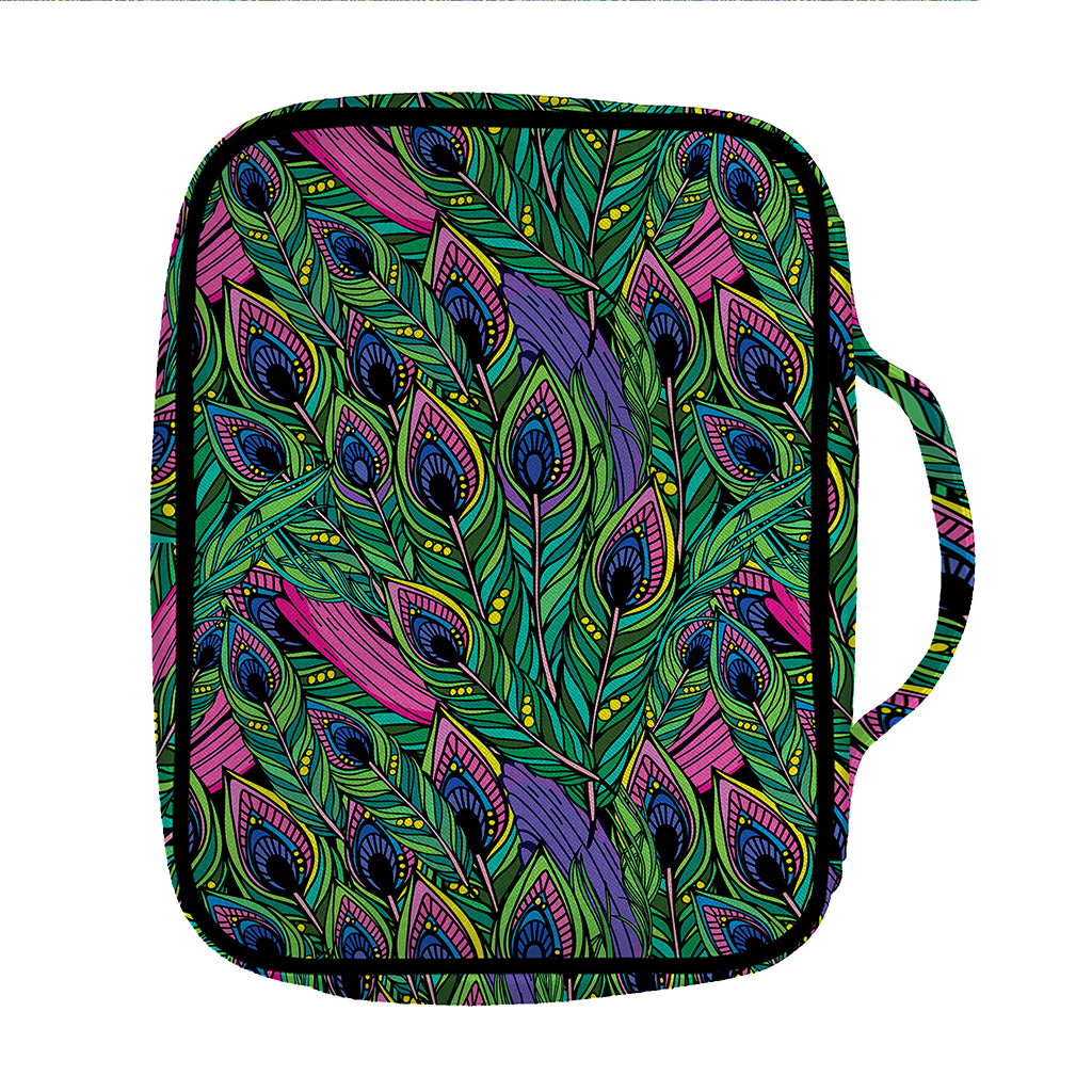 Boho Peacock Feather Pattern Print Front Pocket Bible Bag