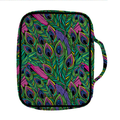 Boho Peacock Feather Pattern Print Front Pocket Bible Bag