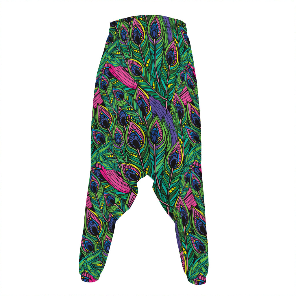 Boho Peacock Feather Pattern Print Hammer Pants