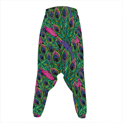 Boho Peacock Feather Pattern Print Hammer Pants