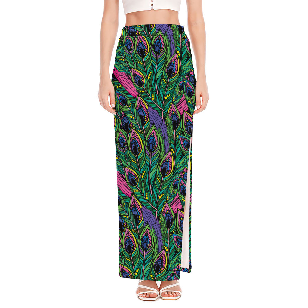 Boho Peacock Feather Pattern Print High Slit Maxi Skirt