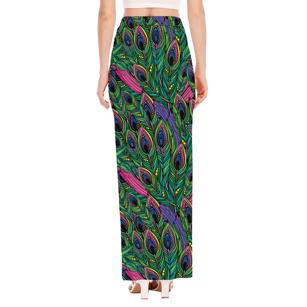 Boho Peacock Feather Pattern Print High Slit Maxi Skirt