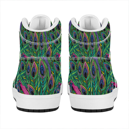 Boho Peacock Feather Pattern Print High Top Leather Sneakers