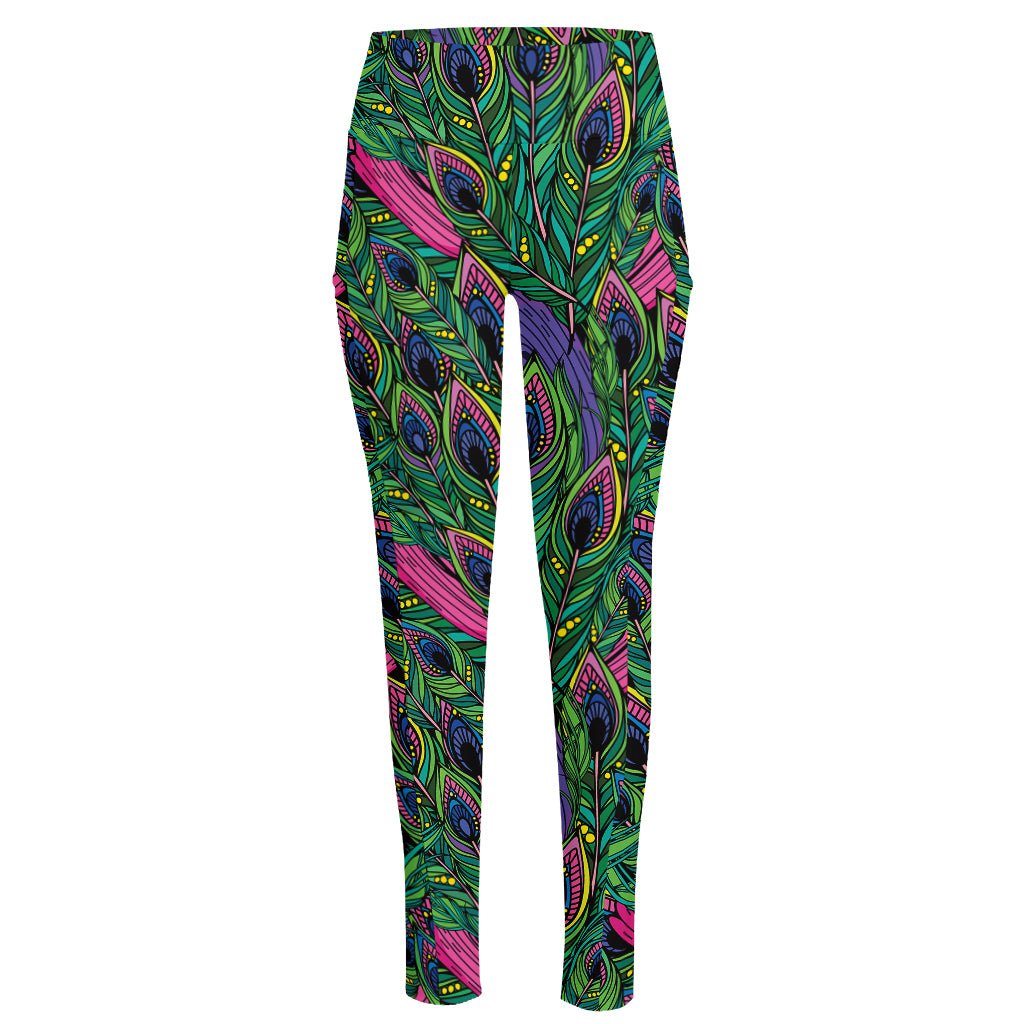 Boho Peacock Feather Pattern Print High-Waisted Pocket Leggings