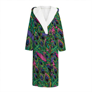 Boho Peacock Feather Pattern Print Hooded Bathrobe