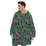 Boho Peacock Feather Pattern Print Hoodie Blanket