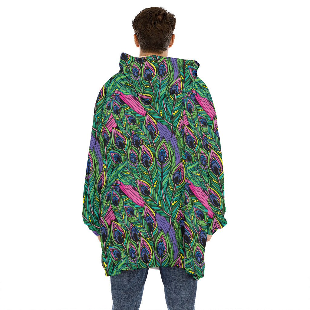 Boho Peacock Feather Pattern Print Hoodie Blanket