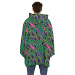 Boho Peacock Feather Pattern Print Hoodie Blanket