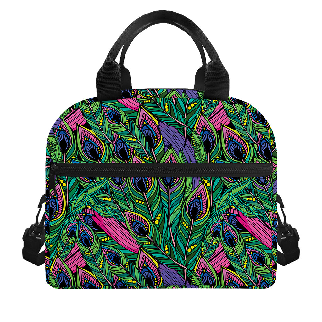 Boho Peacock Feather Pattern Print Insulated Lunch Bag