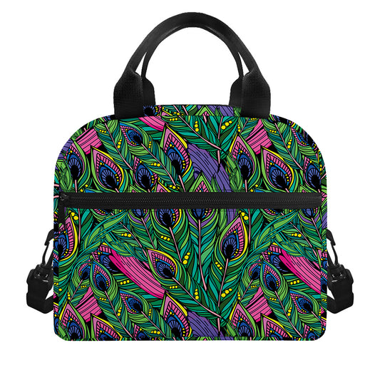 Boho Peacock Feather Pattern Print Insulated Lunch Bag