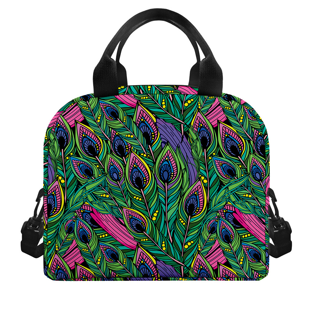 Boho Peacock Feather Pattern Print Insulated Lunch Bag