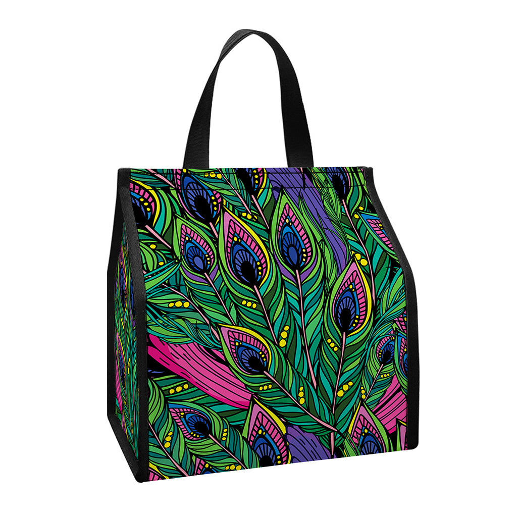 Boho Peacock Feather Pattern Print Insulated Lunch Tote
