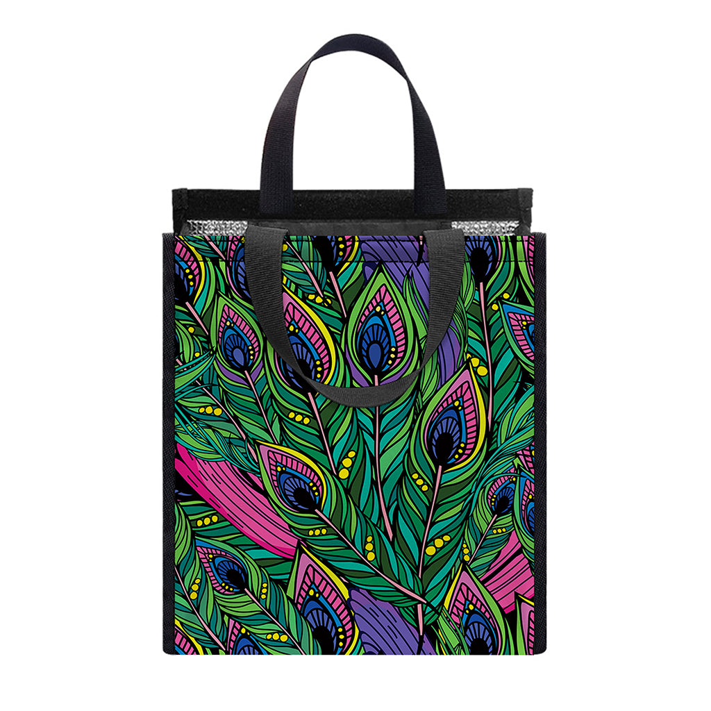 Boho Peacock Feather Pattern Print Insulated Lunch Tote