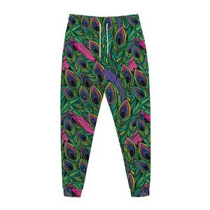 Boho Peacock Feather Pattern Print Jogger Pants