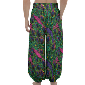 Boho Peacock Feather Pattern Print Lantern Pants