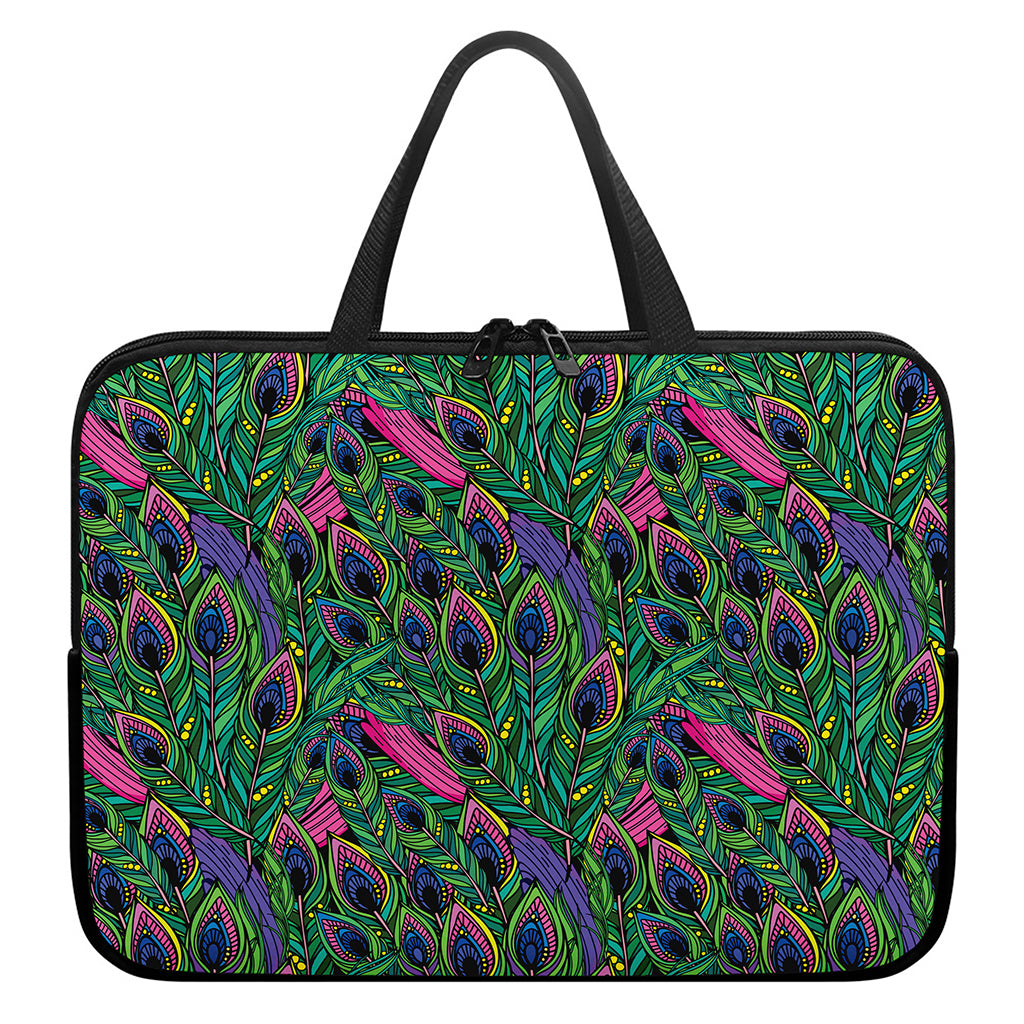 Boho Peacock Feather Pattern Print Laptop Sleeve With Handle