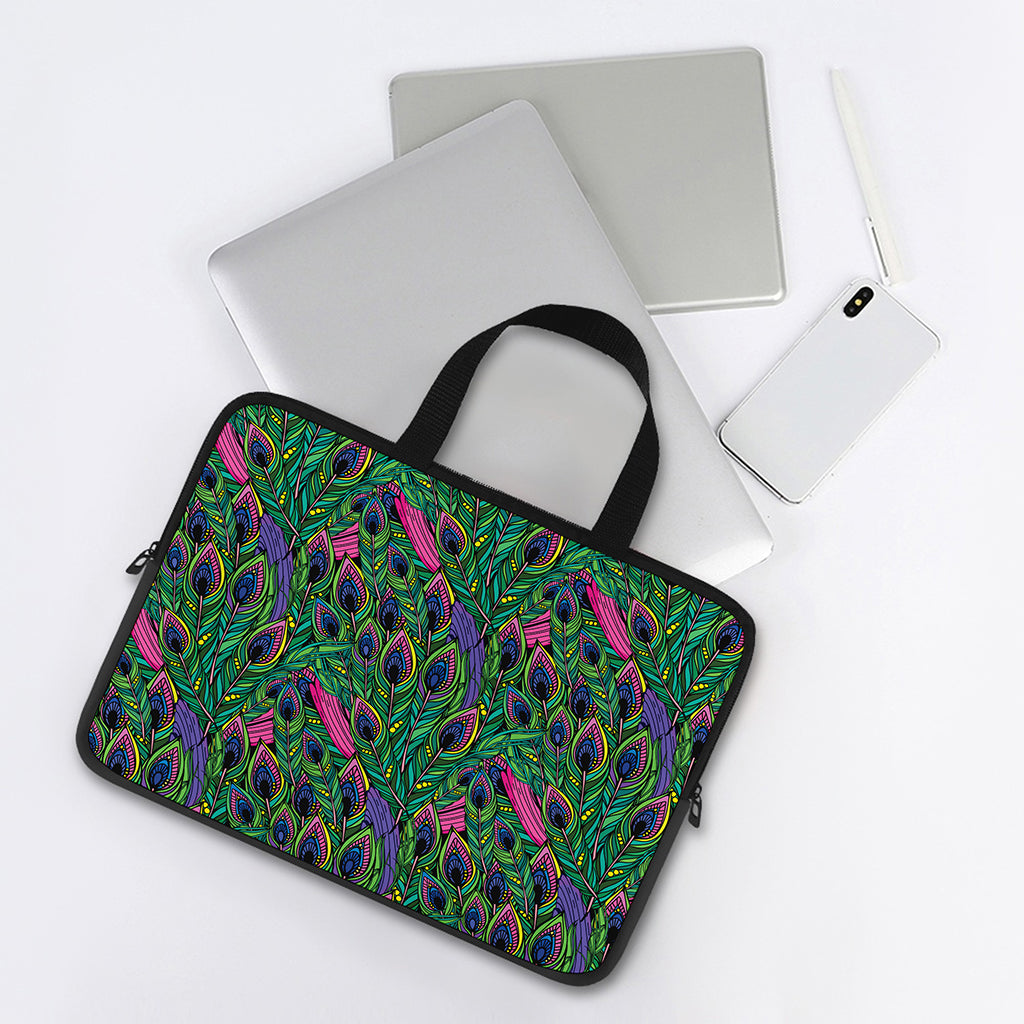 Boho Peacock Feather Pattern Print Laptop Sleeve With Handle