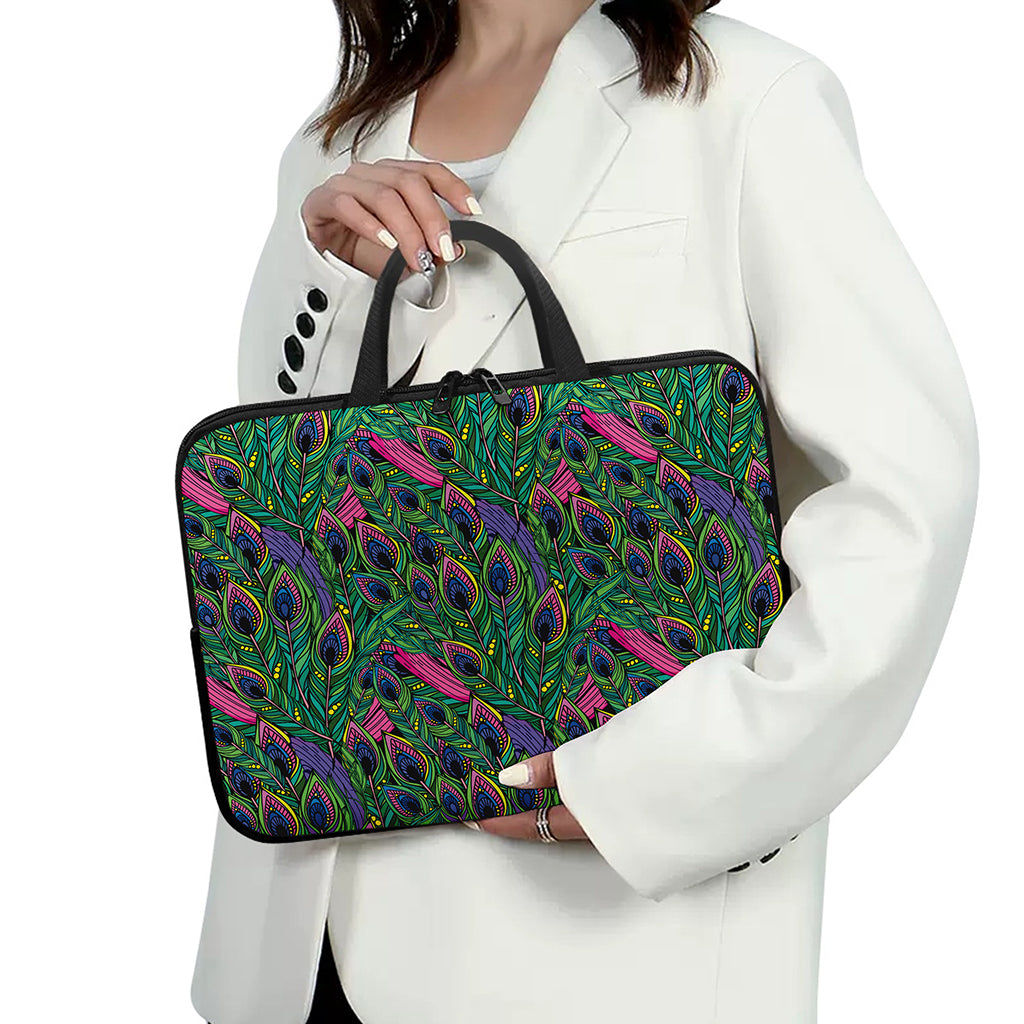 Boho Peacock Feather Pattern Print Laptop Sleeve With Handle