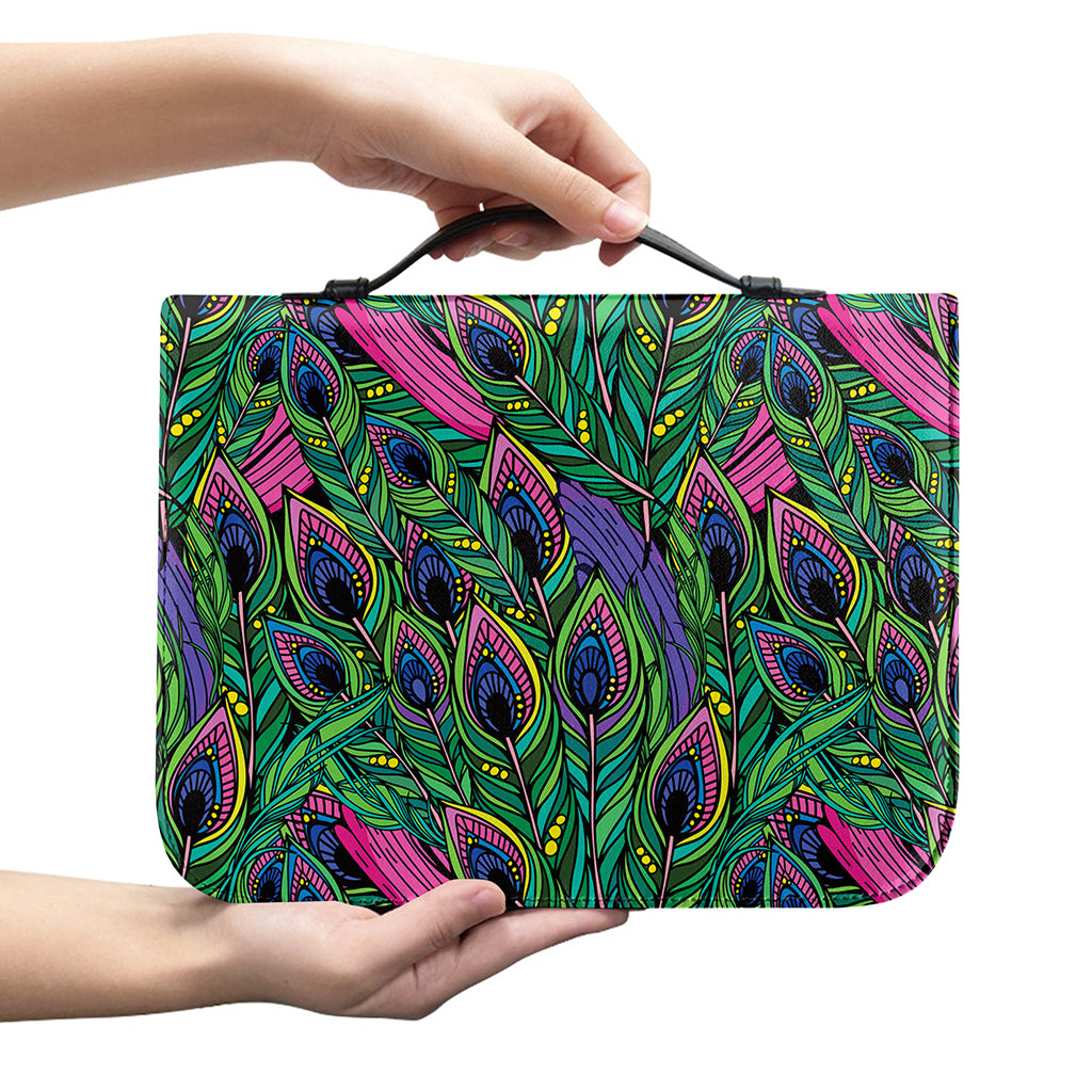 Boho Peacock Feather Pattern Print Leather Bible Cover