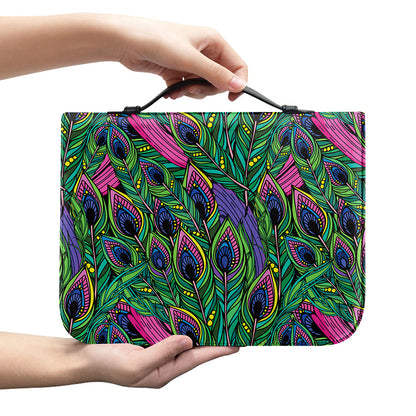 Boho Peacock Feather Pattern Print Leather Bible Cover