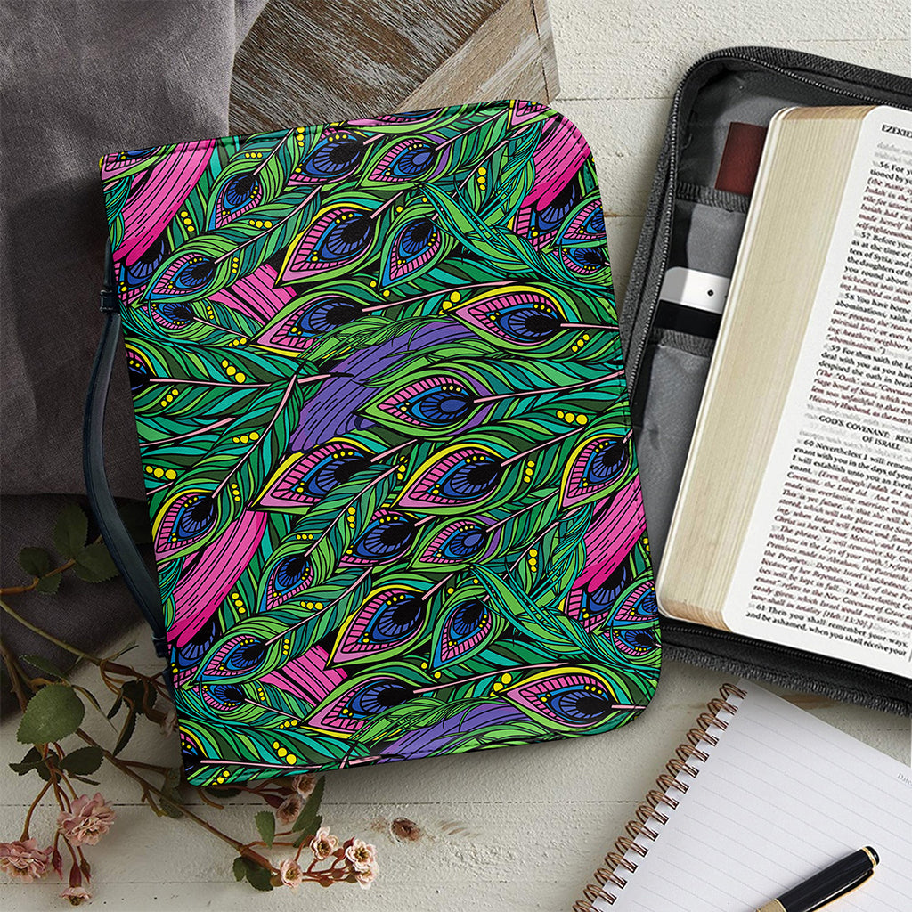 Boho Peacock Feather Pattern Print Leather Bible Cover