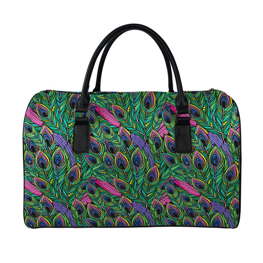 Boho Peacock Feather Pattern Print Leather Duffle Bag