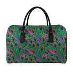 Boho Peacock Feather Pattern Print Leather Duffle Bag