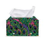 Boho Peacock Feather Pattern Print Leather Tissue Box Cover