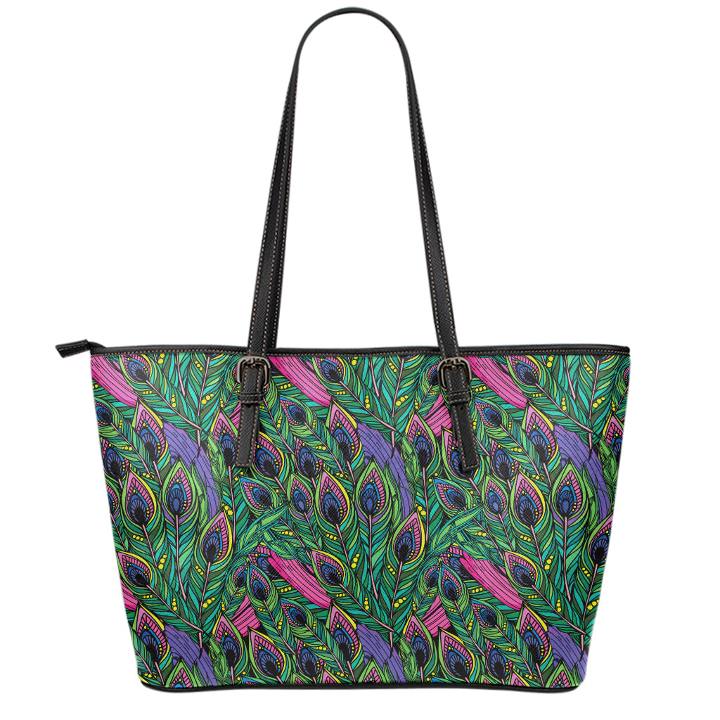 Boho Peacock Feather Pattern Print Leather Tote Bag