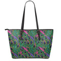 Boho Peacock Feather Pattern Print Leather Tote Bag With Zipper