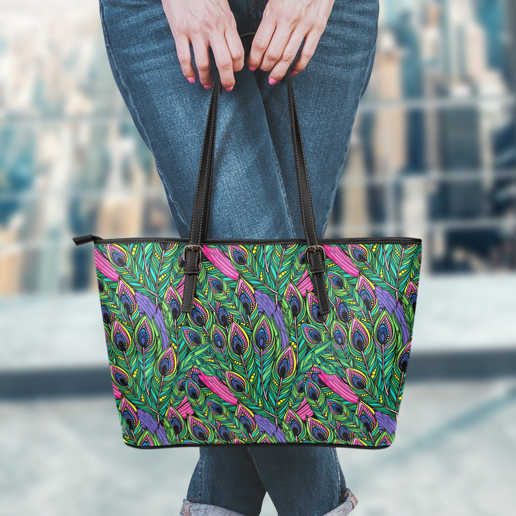 Boho Peacock Feather Pattern Print Leather Tote Bag